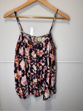 Mimi Chica Abstract Floral Spaghetti Strap Tank in Black, Pink & Orange